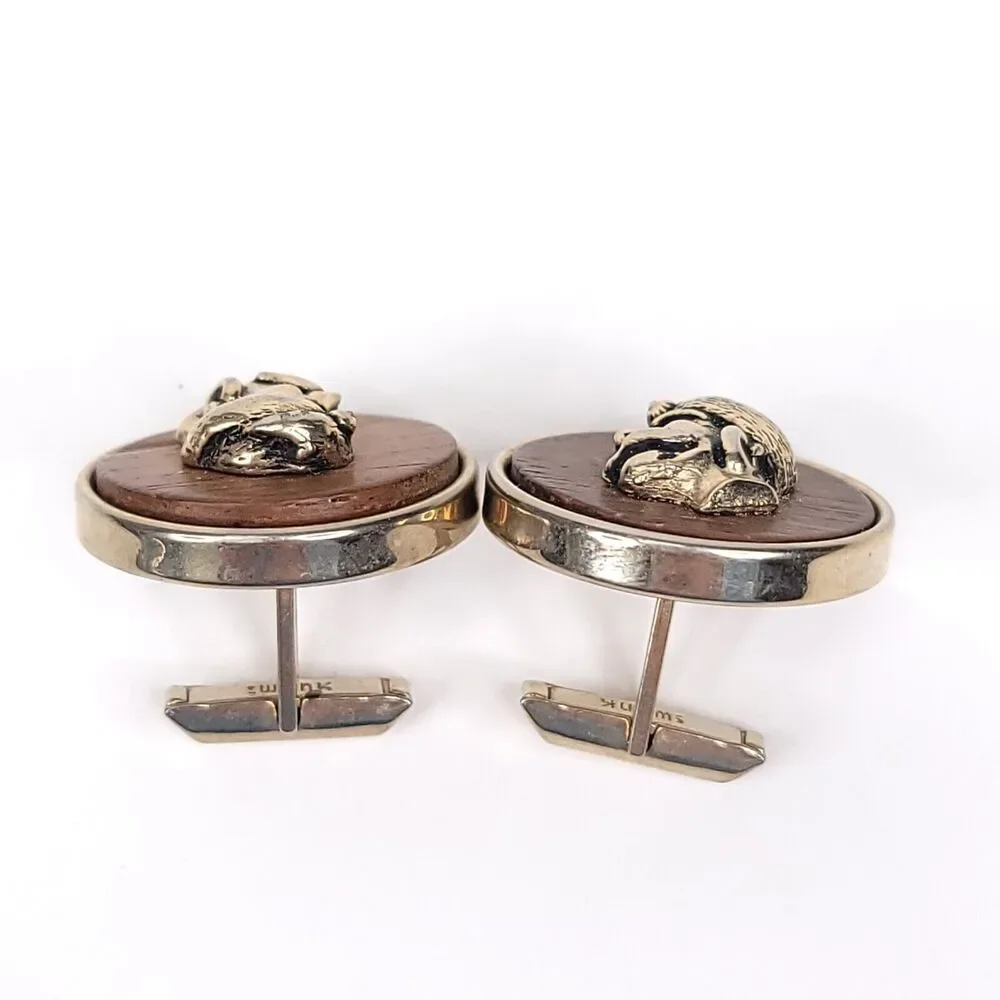 Swank Cuff Links Vintage Gold Tone Large Round Wood Grain Indian Gypsy Head